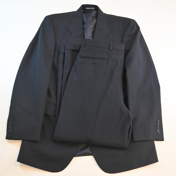 Vtg‎ Mens 40L 34x30 Navy Blue Striped Wool Mens Jacket Pants Suit